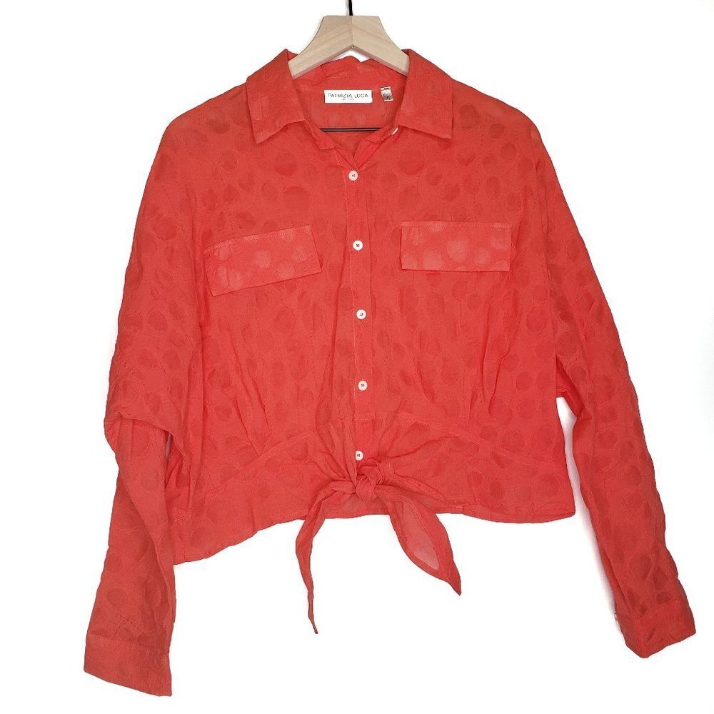 Patrizia Luca Bubble Textured Front Tie Blouse Oversized XS Red-Orange Dolman